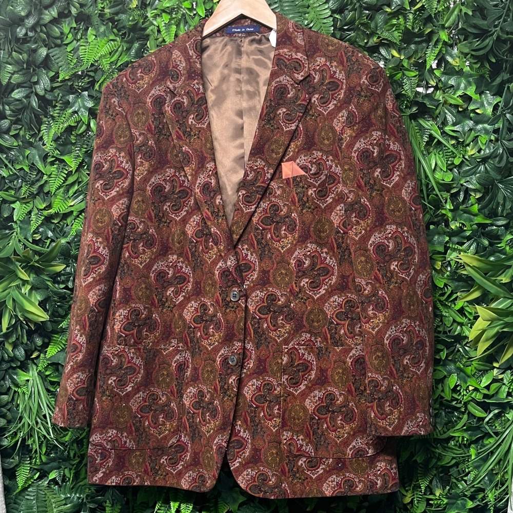 Alan Flusser Blazer Mens Large Brown Burgundy Paisley Corduroy Sport Coat - Picture 9 of 9
